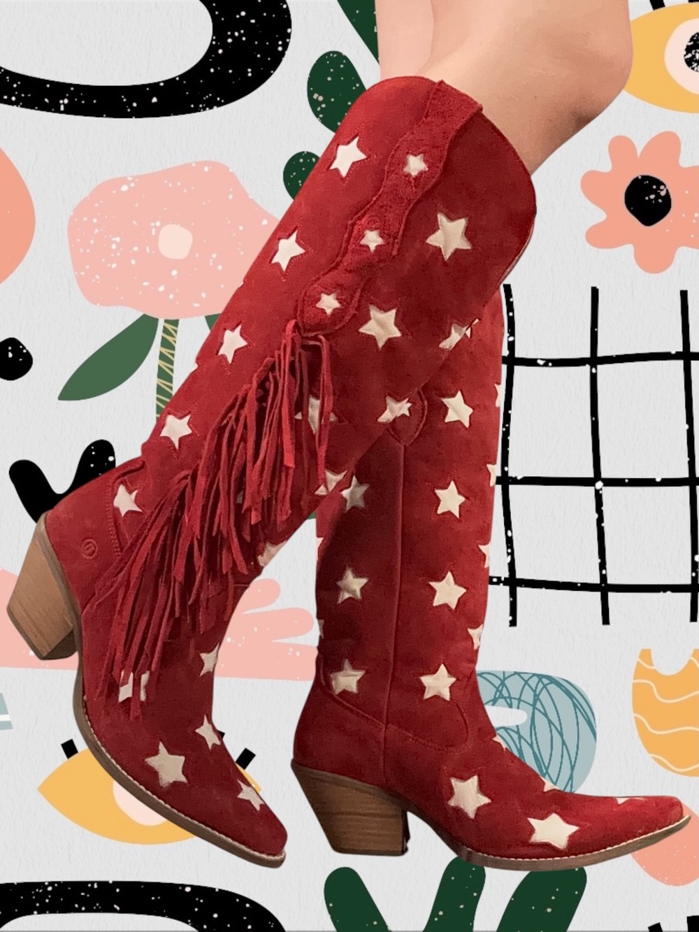 Dingo | Super Star Red Genuine Leather Star Cutout Fringe Knee High Cowboy Boots